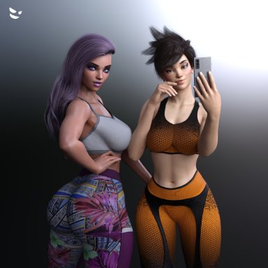 blizzard entertainment, overwatch, sombra, tracer, gm studios, 2girls, back view, big ass, big breasts, bubble ass, camouflage pants, cellphone, dark-skinned female, dat ass, female