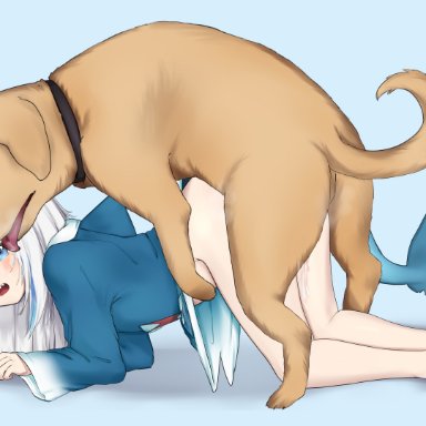 hololive, gawr gura, goki buri, all fours, ambiguous gender, animal ears, animal humanoid, blue eyes, blush, bottomless, canid, canine, canis, cat humanoid, clothed