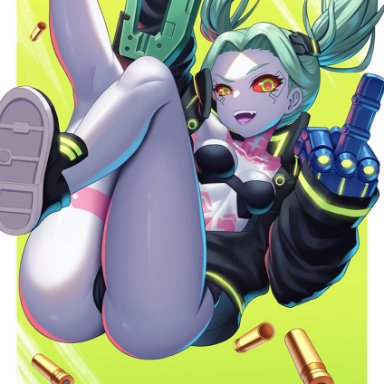 cyberpunk: edgerunners, cyberpunk 2077, rebecca (edgerunners), tako seijin, 1girls, ass, body markings, breasts, butt, cybernetics, cyborg, eye contact, female, female only, green eyes