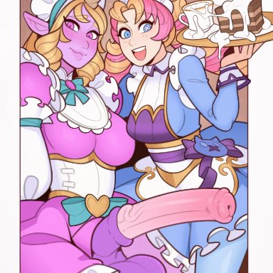 cafe cuties series, league of legends, cafe cutie gwen, cafe cutie soraka, gwen (league of legends), soraka, splashbrush, 1futa, 1girls, alternate costume, animal genitalia, animal penis, balls, big balls, big breasts