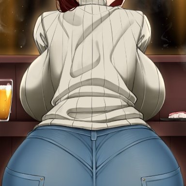 original, twitter, ayako (twrlare), twrlare, 1girls, artist signature, ass, back view, backboob, bar, bar stool, big ass, big breasts, big butt, blue denim