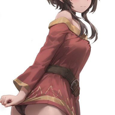 megumin, yohan1754, 1girls, ass, bandage, bangs, belt, black panties, blush, breasts, brown hair, dress, dress pull, looking at viewer, looking back