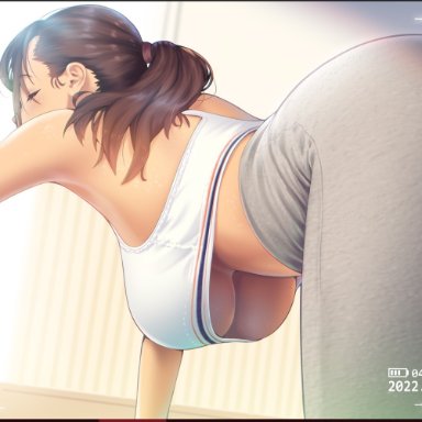 original, a.x., 1girls, arms at sides, bangs, bare shoulders, bent over, breasts, brown hair, camera, closed eyes, feet out of frame, female, female only, from side