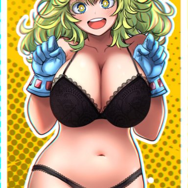 my hero academia, tooru hagakure, uzzy2801, 1girls, big breasts, bra, breasts, eye contact, female, female only, gloves, green eyes, green hair, happy, looking at viewer