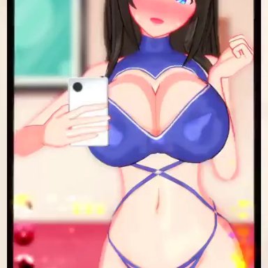 idolmaster, idolmaster cinderella girls, sagisawa fumika, harimau mmd2, 1girl, 1male, black body, black hair, black penis, black skin, blue eyes, blurry, blush, bra, cellphone