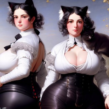 stable diffusion, 1animal, 2girls, animal, animal ears, big ass, big breasts, big butt, black hair, canis, cat ears, cleavage, clothed, clothing, female