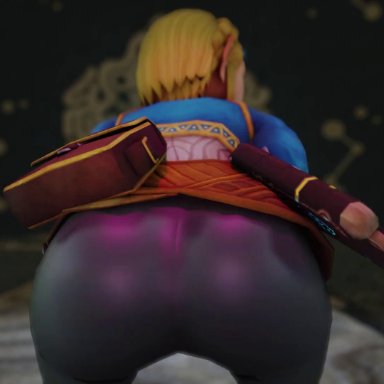 breath of the wild, tears of the kingdom, the legend of zelda, princess zelda, zelda (breath of the wild), kishi, 1girl, ass, ass focus, ass shake, blonde hair, from behind, huge ass, jiggle, pants