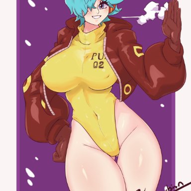 one piece, vegapunk (one piece), cabbagebinn, 1girls, big breasts, blue hair, breasts, eye contact, female only, hair over one eye, headphones, light skin, looking at viewer, short hair, solo