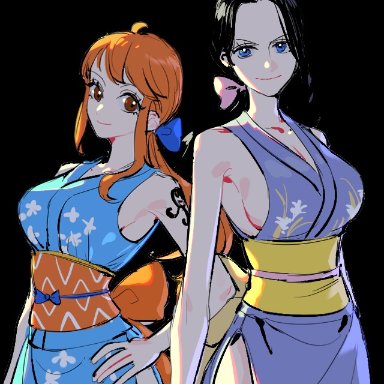 one piece, shounen jump, nami, nico robin, raine (acke2445), 2girls, black hair, blue eyes, breasts, busty, cleavage, clothed, japanese clothes, japanese clothing, looking at viewer