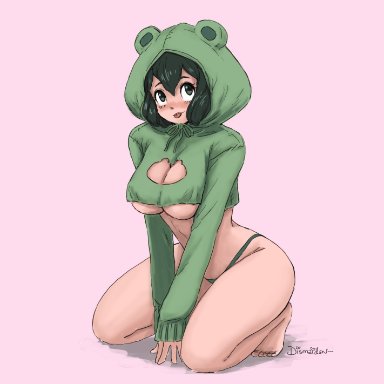 my hero academia, tsuyu asui, dismaiden, shou, 1girls, all fours, ass, bangs, barefoot, big ass, big breasts, blush, breasts, cleavage, cleavage cutout