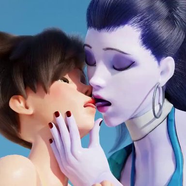 blizzard entertainment, overwatch, tracer, widowmaker, ent duke, volkor, 2girls, ass, bare shoulders, bikini, blue bikini, blush, breasts, brown hair, cloud