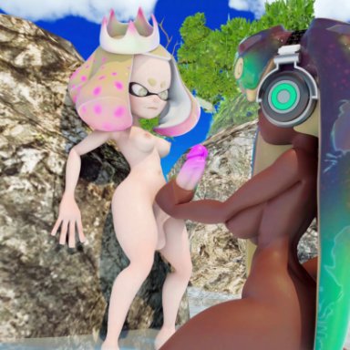 splatoon, inkling, marina (splatoon), octoling, pearl (splatoon), tradelt, beach, big balls, big penis, cum, cumming, dark skin, duo, female, futanari