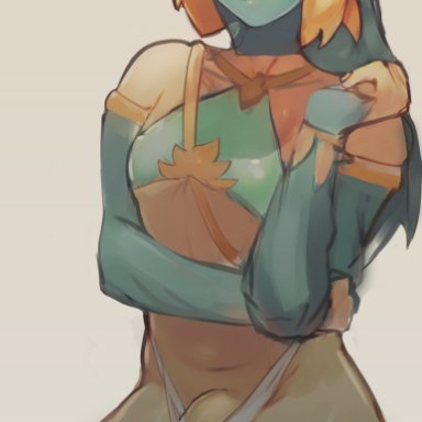 nintendo, the legend of zelda, gerudo link, link, nelewdy, 1boy, blonde hair, blue eyes, bulge, eye contact, face mask, femboy, girly, light skin, looking at viewer