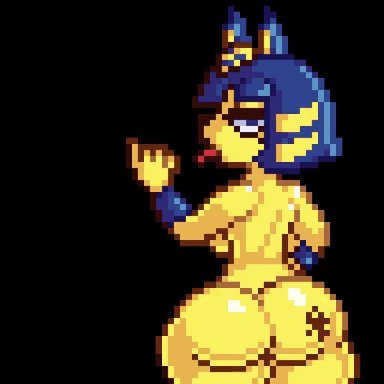 animal crossing, ankha, countmoxi, blue hair, bubble butt, cat ears, cat tail, colored, fellatio gesture, yellow body, animated, color, no sound, pixel art, tagme