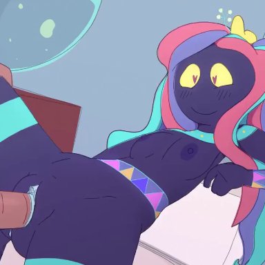 bee and puppycat, melieconiek, alien, alien girl, heart-shaped pupils, humanoid, humanoid genitalia, humanoid hands, humanoid penis, small breasts, smile, unseen male face, vagina, vaginal, vaginal penetration