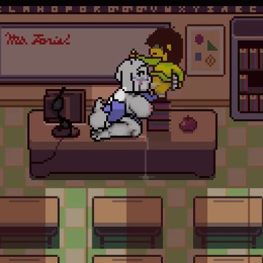 deltarune, kris (deltarune), toriel, theevilfallenone, 1boy, 1girls, classroom, desk, female, male, mother and son, oral sex, school desk, straight, technical incest