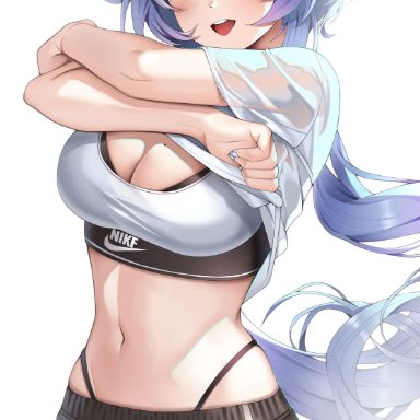 genshin impact, nike, ganyu (genshin impact), ssong2, 1girls, ahoge, beauty mark, blue hair, booty shorts, breasts, cleavage, female, horns, large breasts, light-skinned female