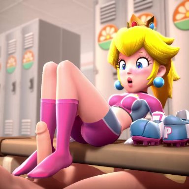 mario (series), nintendo, princess peach, onmodel3d, footjob, locker room, small breasts, soccer uniform, socks, 3d, alternate version at source, alternate version available, animated, mp4, sound