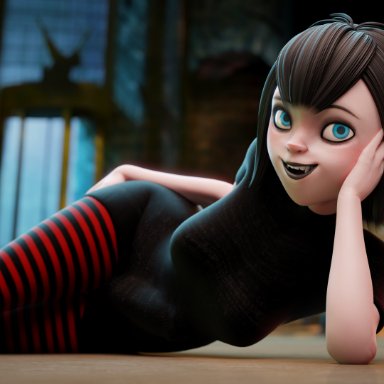 hotel transylvania, mavis dracula, justfuta, 1futa, big penis, black hair, black shirt, blue eyes, bottomless skirt, breasts, bulge, cameltail, clothed, clothing, dickgirl