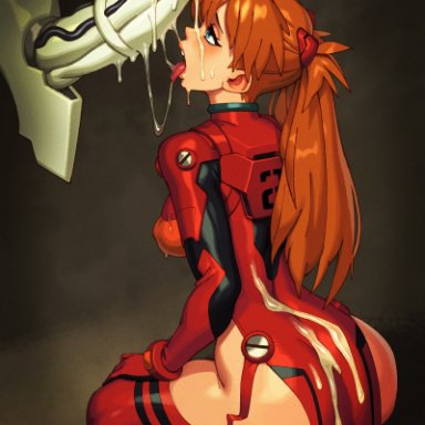 neon genesis evangelion, asuka langley sohryu, mass production eva, rizdraws, blue eyes, cum on face, floating penis, horsecock, on knees, open mouth, red hair