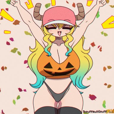 halloween, miss kobayashi's dragon maid, quetzalcoatl (dragon maid), scruffmuhgruff, 1girls, belly button, big breasts, bouncing breasts, breasts, cleavage, closed eyes, cute, female, female only, gradient hair