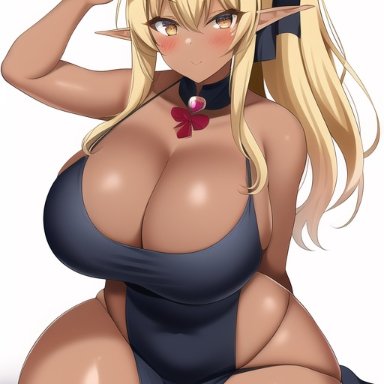 original, nai diffusion, stable diffusion, 1girls, arm behind back, arm up, bare arms, bare shoulders, black dress, blonde hair, blush, bow, breasts, brown eyes, cleavage