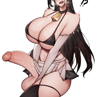 oc, original character, unbeller, !?, 1futa, balls, bell choker, big balls, bikini top, black hair, blush, breasts, choker, clothed, clothing