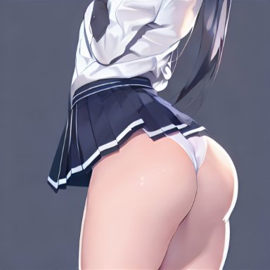 original, siriai, 1girls, ass, ass focus, big ass, black hair, facing away, female, female only, grey background, head out of frame, long hair, miniskirt, panties