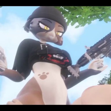 fortnite, meow skulls (fortnite), skelexx, skxx elliot, big penis, blue sky, clothed sex, clothing, cowgirl position, furry, gun, hand on hip, holding leg, holding legs, holding weapon