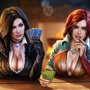 cd projekt red, the witcher, the witcher (series), the witcher 3: wild hunt, triss merigold, yennefer, alice rauch, 2girls, card, cards, detailed background, female, looking at viewer, playing card, 3d