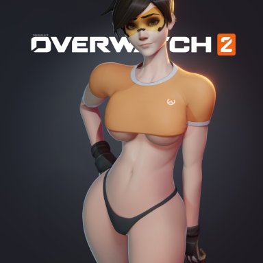 overwatch, overwatch 2, tracer, breadblack, 1girls, breasts, brown hair, female, female focus, female only, gloves, light-skinned female, light skin, looking at viewer, mostly nude