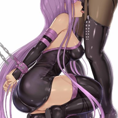 fate/stay night, fate (series), matou sakura, medusa (fate), medusa (rider) (fate), hakaba (dairiseki), 2girls, arms behind back, bare shoulders, black thighhighs, bound, bound wrists, breasts, cameltoe, collar