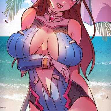 blizzard entertainment, overwatch, d.va, himmely, 1girls, alternate breast size, beach, big breasts, cleavage, female, female only, inner sideboob, korean, korean female, light-skinned female