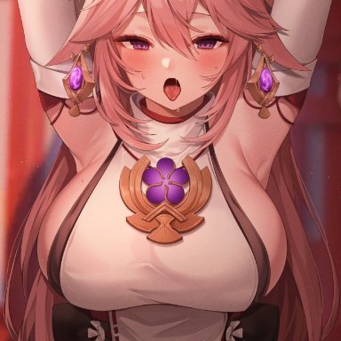 genshin impact, yae miko, reel (riru), 1girls, armpits, arms behind head, arms up, big breasts, breasts, clothed female, earrings, enormous breasts, female, female focus, female only