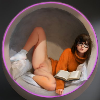 hanna-barbera, scooby-doo, velma dinkley, stahlberg, steven stahlberg, 1girls, armchair, barefoot, brown hair, clothing, feet, female, female only, glasses, half-closed eyes