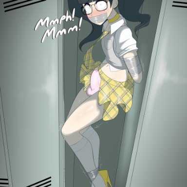 adam (sealguy), sealguy, 1boy, black hair, bondage, choker, crossdressing, duct tape, femboy, girly, glasses, high heels, humiliation, in locker, locker