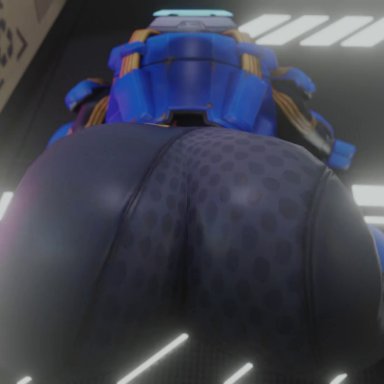 overwatch, tracer, kishi, 1girl, ass, ass focus, ass shake, big ass, bodysuit, brown hair, clothed, from behind, huge ass, jiggle, shiny