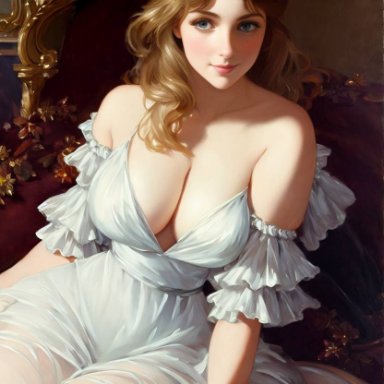 stable diffusion, blonde hair, blue eyes, blush, busty, cleavage, curly hair, female only, large breasts, lingerie, sheer clothing, solo female, victorian, voluptuous, ai generated