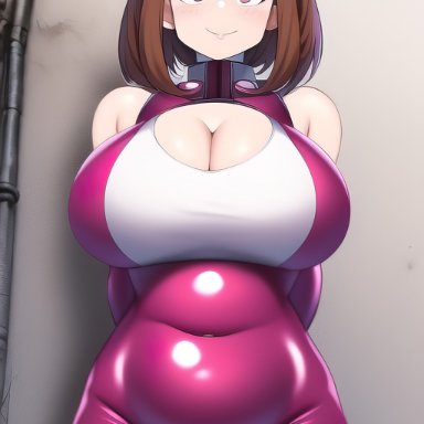 my hero academia, ochako uraraka, bloomingfaye, nai diffusion, stable diffusion, 1girls, belly, big breasts, bodysuit, breasts, brown eyes, brown hair, chubby, chubby female, eye contact