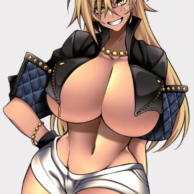 original, original character, vecky (camui kamui), camui kamui, 1girls, bare midriff, big breasts, blonde female, blonde hair, booty shorts, bracelet, breasts, breasts bigger than head, breasts out, buff