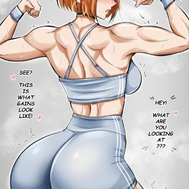 jujutsu kaisen, kugisaki nobara, almualim, 1girls, ass, back muscles, booty shorts, breasts, brown eyes, brown hair, female, flexing, huge ass, large breasts, light-skinned female