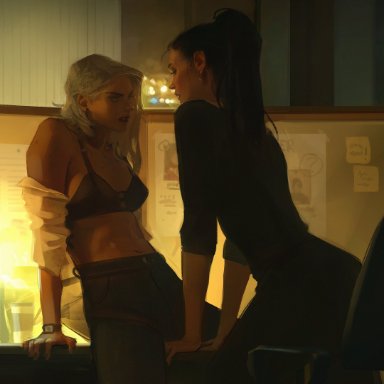 blizzard entertainment, overwatch, ashe (overwatch), widowmaker, efferwescent, black bra, black clothing, black hair, bra, detective, female, female focus, female only, hands between legs, leaning on table