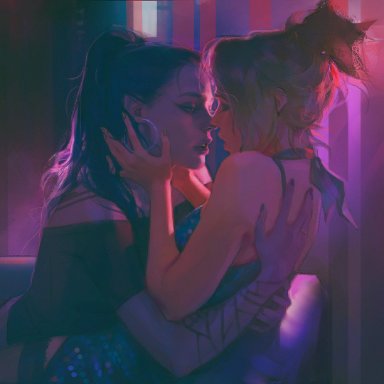 overwatch, mercy, widowmaker, efferwescent, about to kiss, blonde hair, blue dress, blue hair, closed eyes, club, dress, earrings, female, female only, holding head