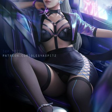 k/da series, league of legends, evelynn, k/da evelynn, olesyaspitz, 1girls, car, car interior, female, female only, heels, light-skinned female, light skin, looking at viewer, panties