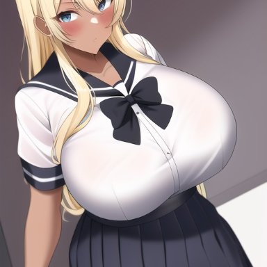 original, nai diffusion, stable diffusion, 1girls, bare arms, blonde hair, blue eyes, bow, bowtie, breasts, chalkboard, classroom, clothed, clothing, dark-skinned female