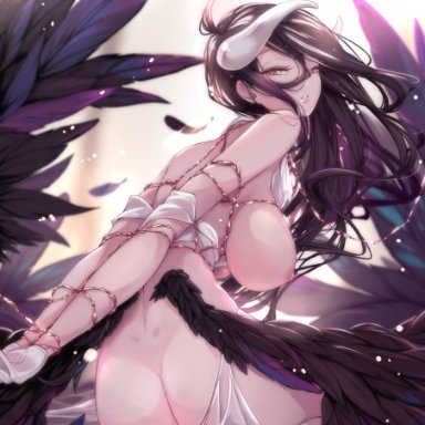 overlord (maruyama), albedo (overlord), nekomimipunks, 1girls, barefoot, big ass, big breasts, black hair, blush, demon girl, feet, female, horn, long hair, soles