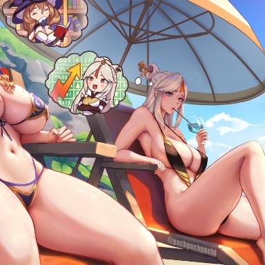 genshin impact, beidou (genshin impact), jean gunnhildr, lisa (genshin impact), ningguang (genshin impact), shenhe (genshin impact), yelan (genshin impact), pachpachpachi, 6+girls, beach, beach chair, beach umbrella, big breasts, bikini, brown hair