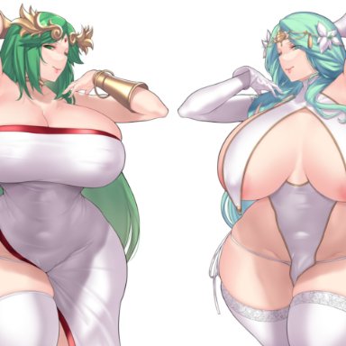 fire emblem, fire emblem: three houses, kid icarus, nintendo, palutena, rhea (fire emblem), aster crowley, 2girls, areolae, armpits, armwear, big breasts, blush, bracelet, breasts