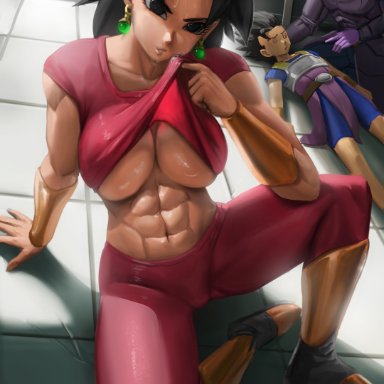 dragon ball, dragon ball super, cabba, hit (dragon ball), kefla, elitenappa, 1girls, 2boys, abs, alien, armguard, big breasts, black hair, boots, breasts