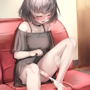 ayanakitori, 1futa, barefoot, bottomless, brown hair, cartoony, closed eyes, clothed, clothing, cum, cumshot, ejaculation, erection, foreskin, futa only